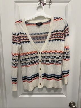 Pendleton  Cream V-Neck Striped Button Cardigan Sweater linen blend small